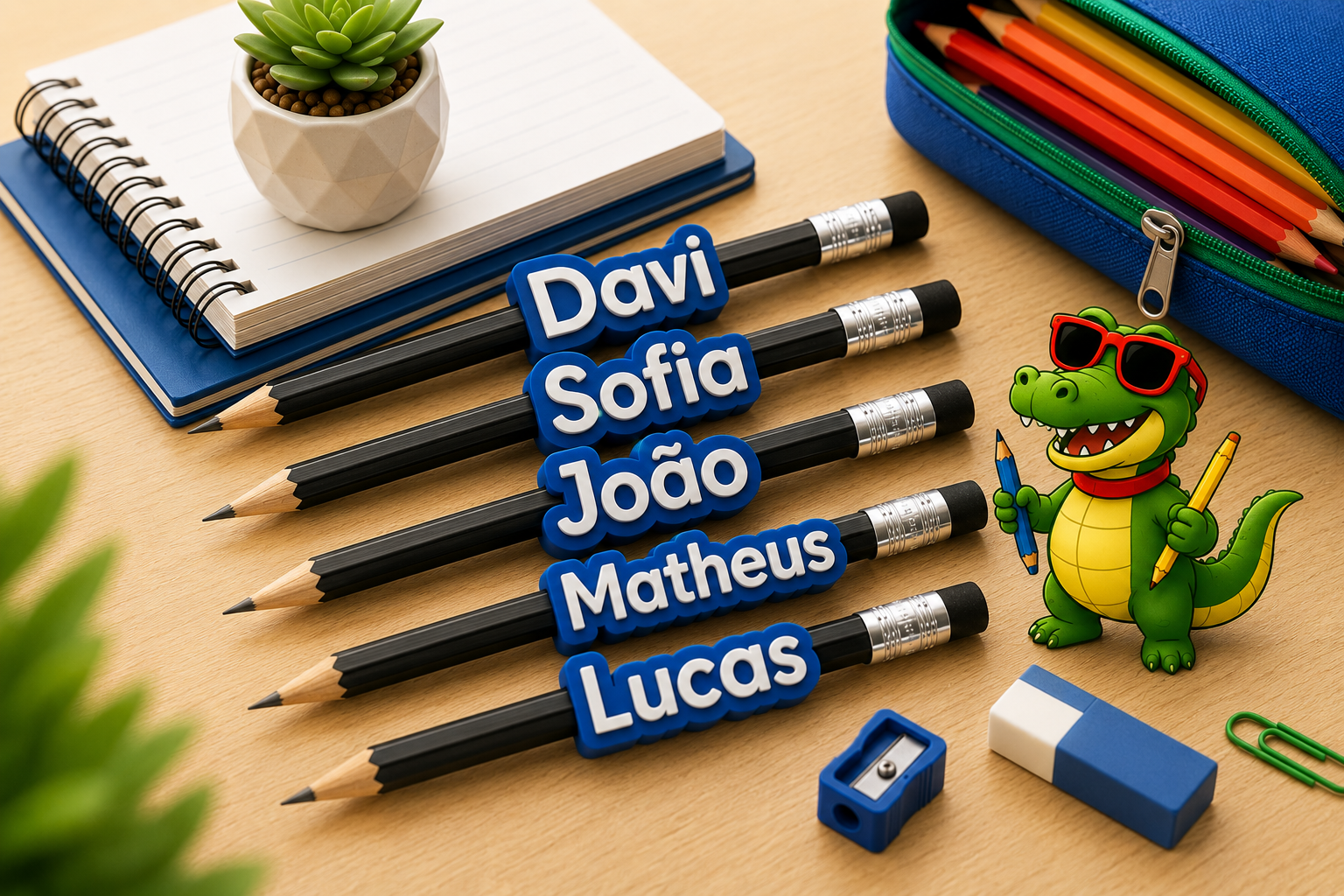 Lápis com nomes personalizados CrocoLab e mascote crocodilo